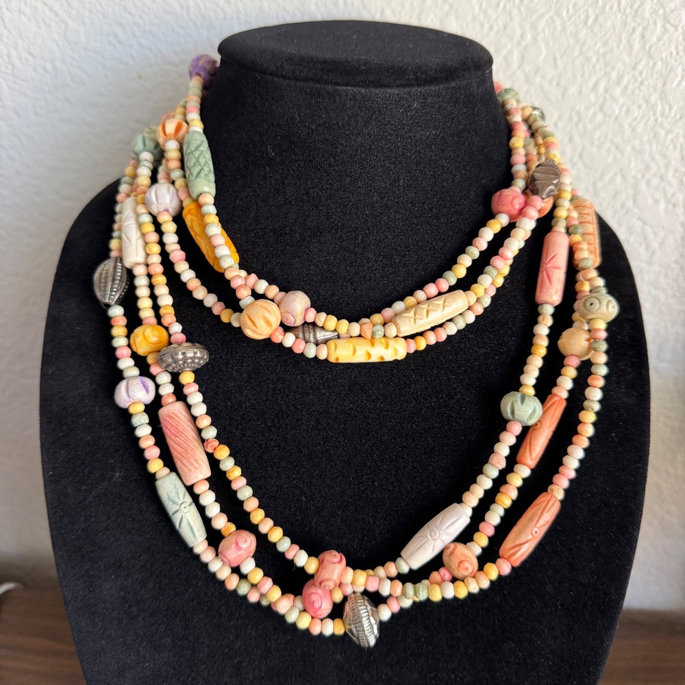 Vintage Multi Strand Carved Clay Stone Bead Necklace Pastel Boho Layered S-Hook